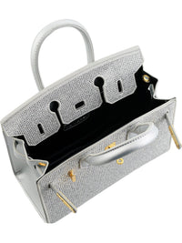 Silver Rhinestone Embellished Satchel Handbag with Gold Hardware