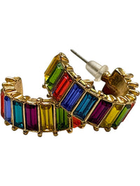 Rainbow Multicolor Baguette Rhinestone Gold Tone Hoop Earrings Statement Jewelry