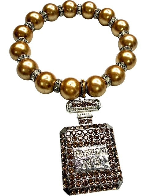 Gold Tone Beaded Bracelet with Parfum No 5 Charm