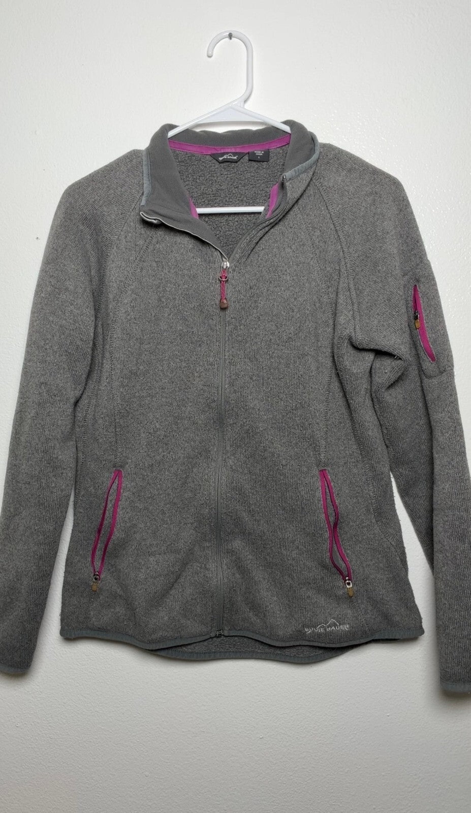 Eddie Bauer Gray Fleece Zip-Up Jacket with Pink Trim Size L skuM