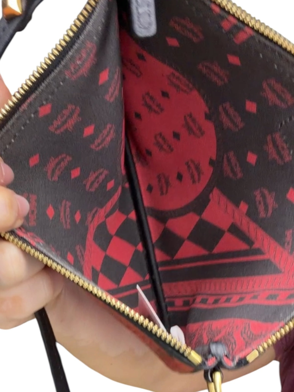 MCM Red Visetos Coated Canvas Zip Wristlet Clutch Pouch Black Trim Gold Hardware