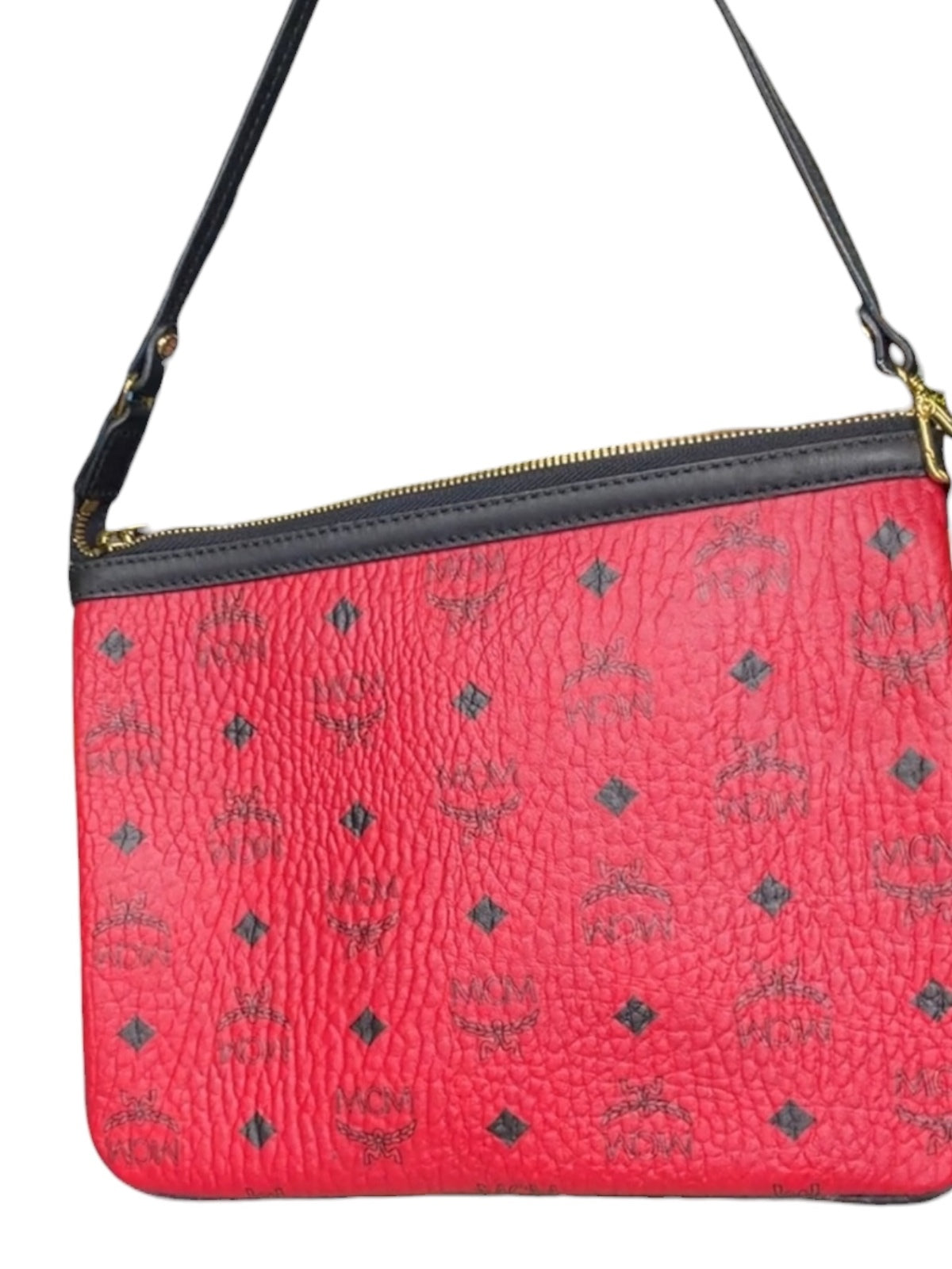 MCM Red Visetos Coated Canvas Zip Wristlet Clutch Pouch Black Trim Gold Hardware