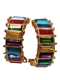 Rainbow Multicolor Baguette Rhinestone Gold Tone Hoop Earrings Statement Jewelry