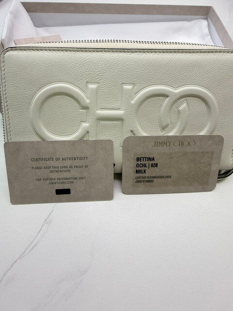 Jimmy Choo Bettina Milk White Leather Embossed Zip Wallet full inclusion new
