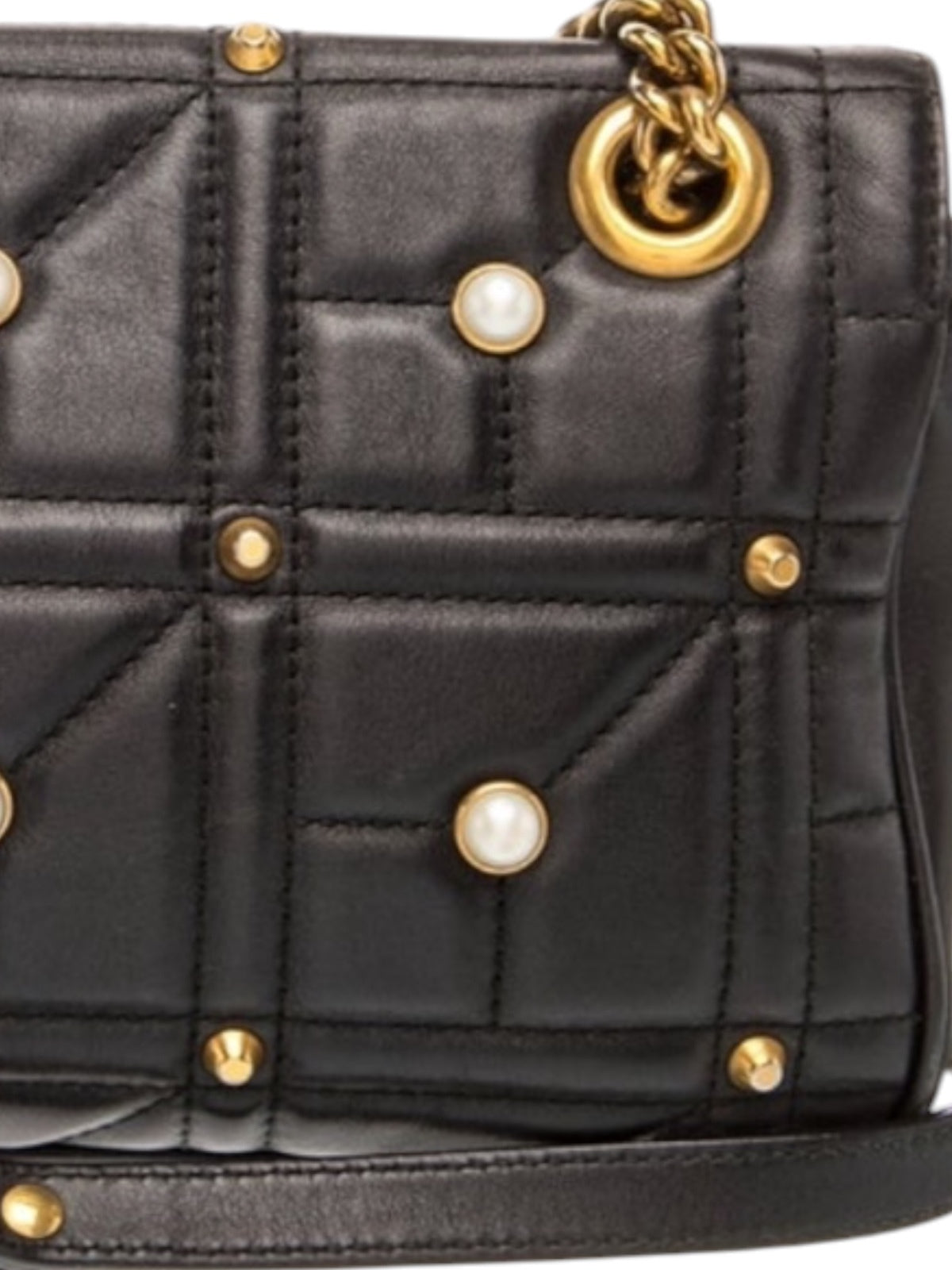 Gucci GG Marmont Quilted Black Leather Shoulder Bag with Pearl and Gold Studs