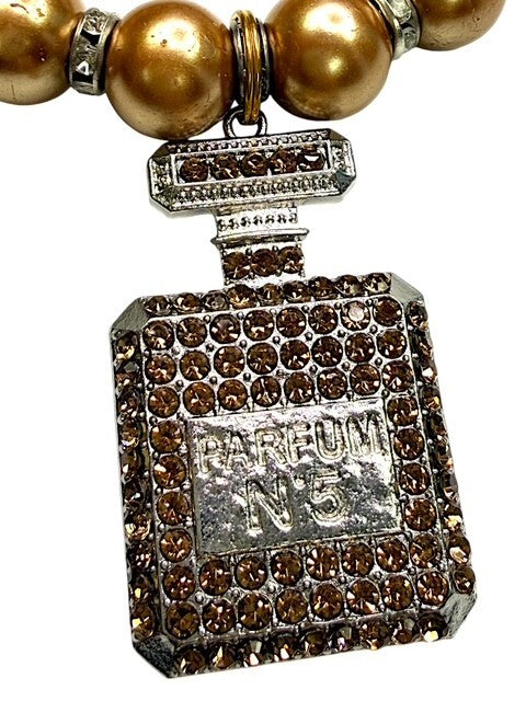 Gold Tone Beaded Bracelet with Parfum No 5 Charm