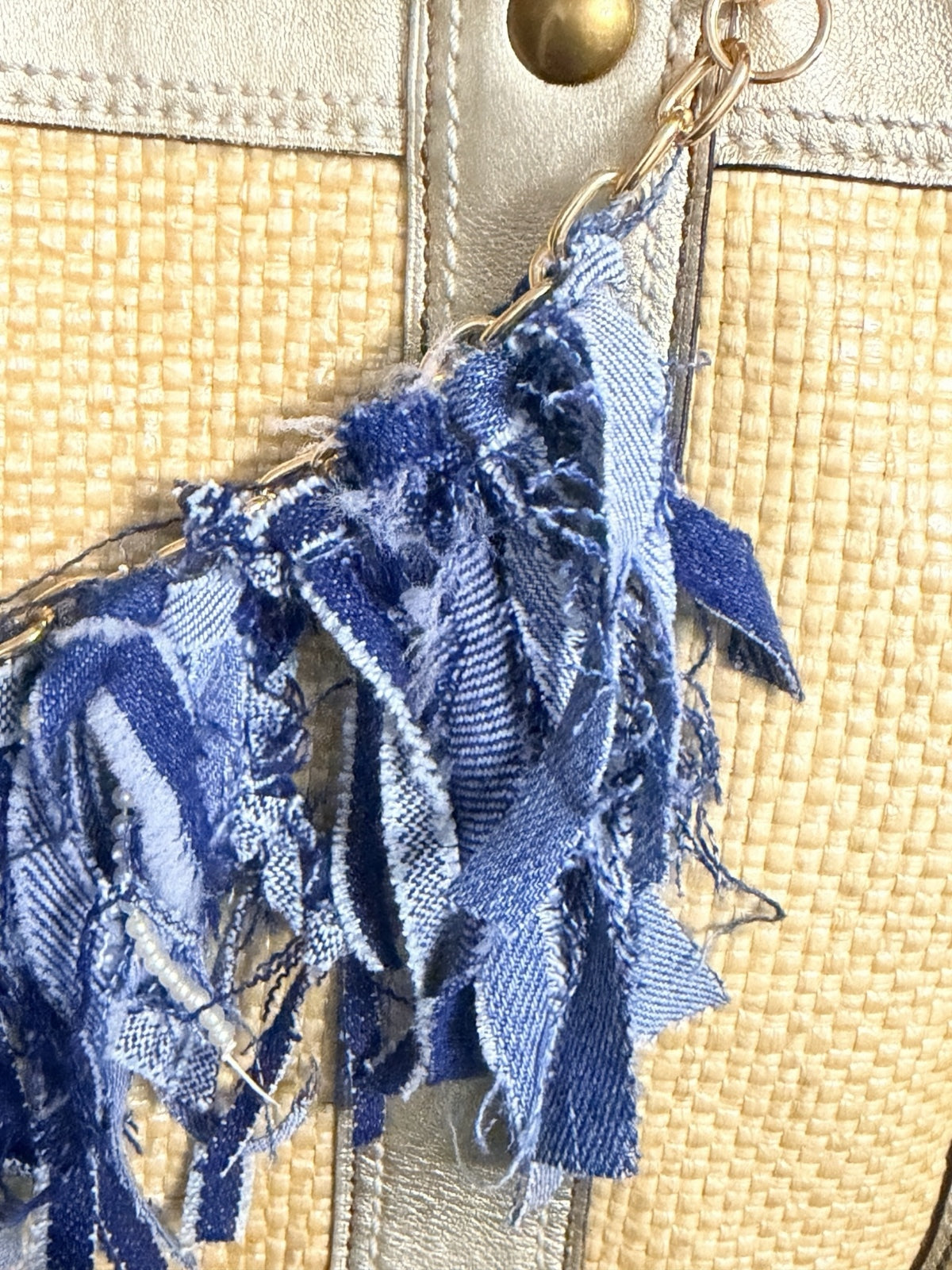Boho Denim Purse Chain Charm Gold Pearl Fringe