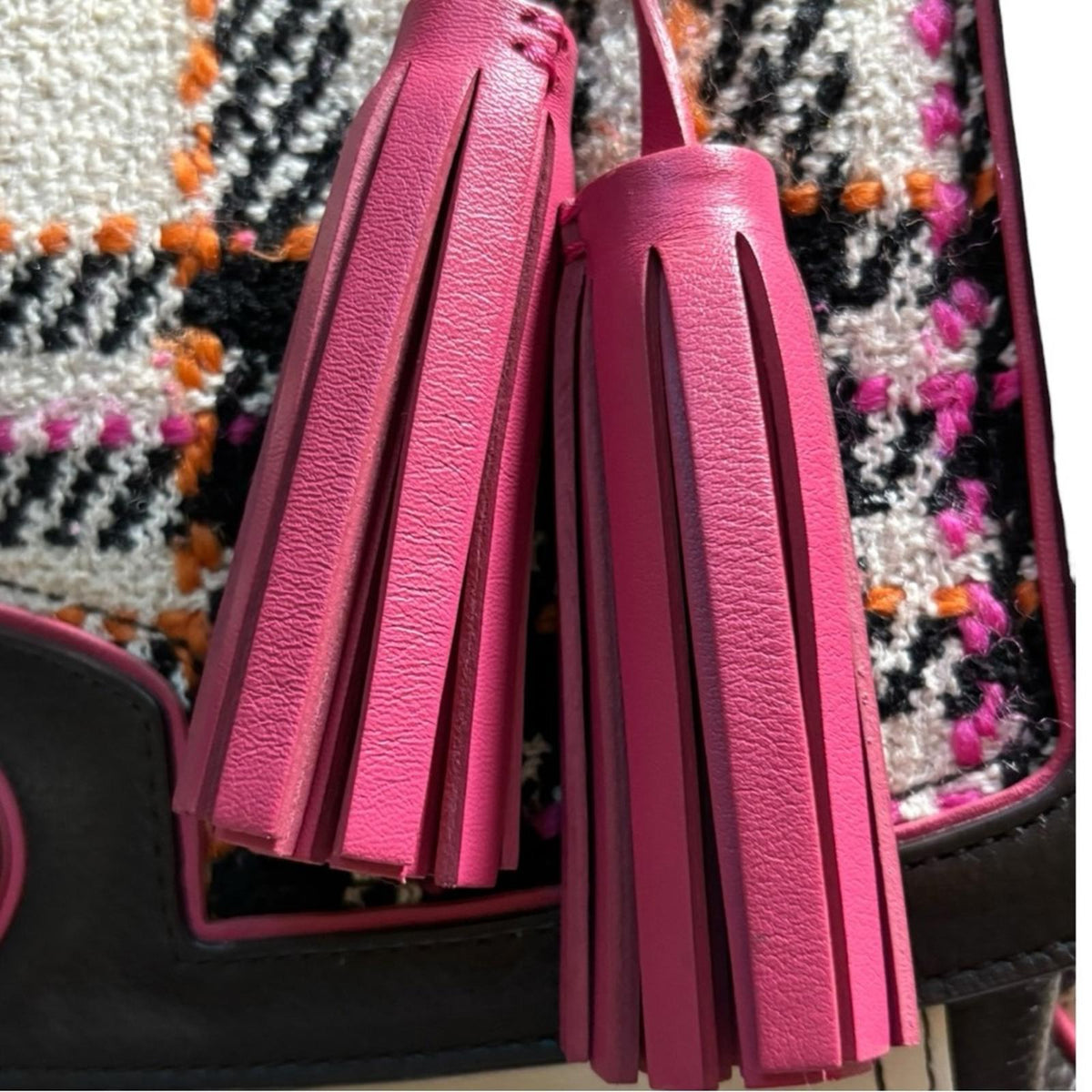 Coach Tweed Plaid Leather Turnlock Satchel Pink Black Cream Shoulder Bag