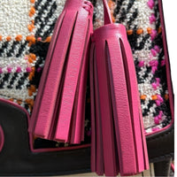 Coach Tweed Plaid Leather Turnlock Satchel Pink Black Cream Shoulder Bag