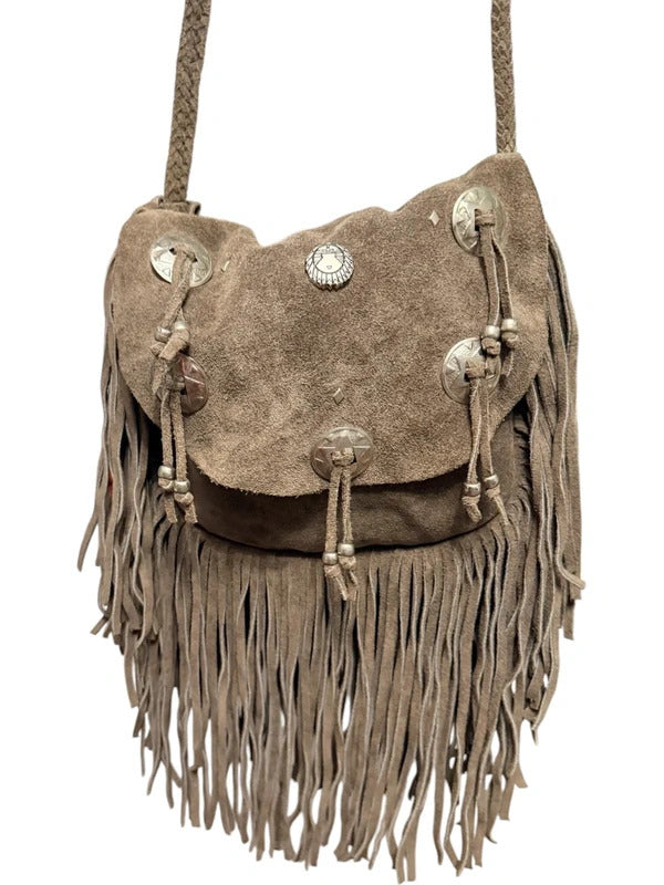 Vintage Boho Genuine Suede Fringe Crossbody Bag