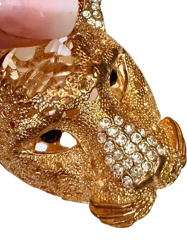 Gold Tone Rhinestone Leopard Cat Keychain Bag Charm