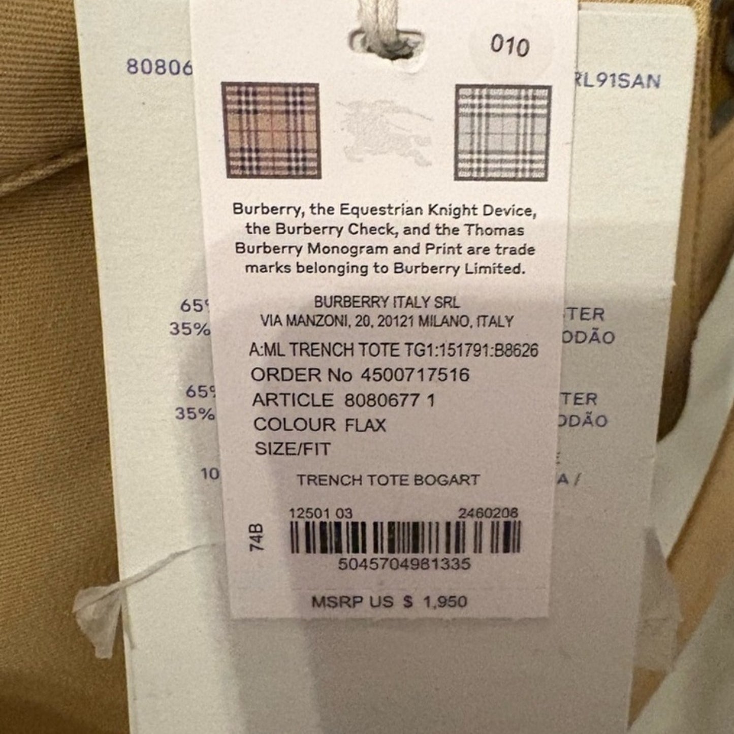 BURBERRY Trench Fabric Tote Beige Nylon with Check Scarf Accent NWT