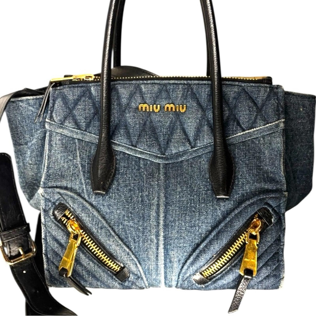 Miu Miu Quilted Denim & Black Leather Tote Satchel