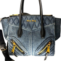 Miu Miu Quilted Denim & Black Leather Tote Satchel