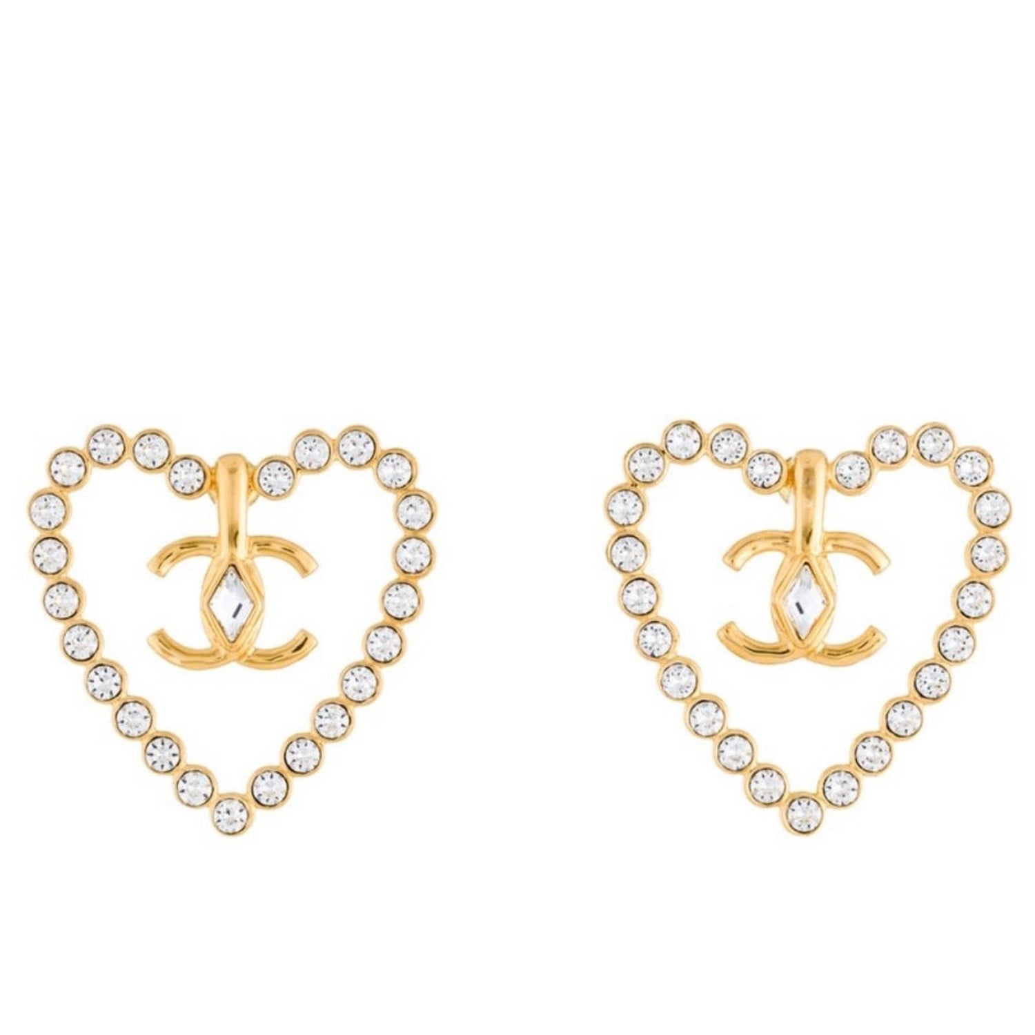 CHANEL 2023 Strass CC Heart Earrings Gold Plated