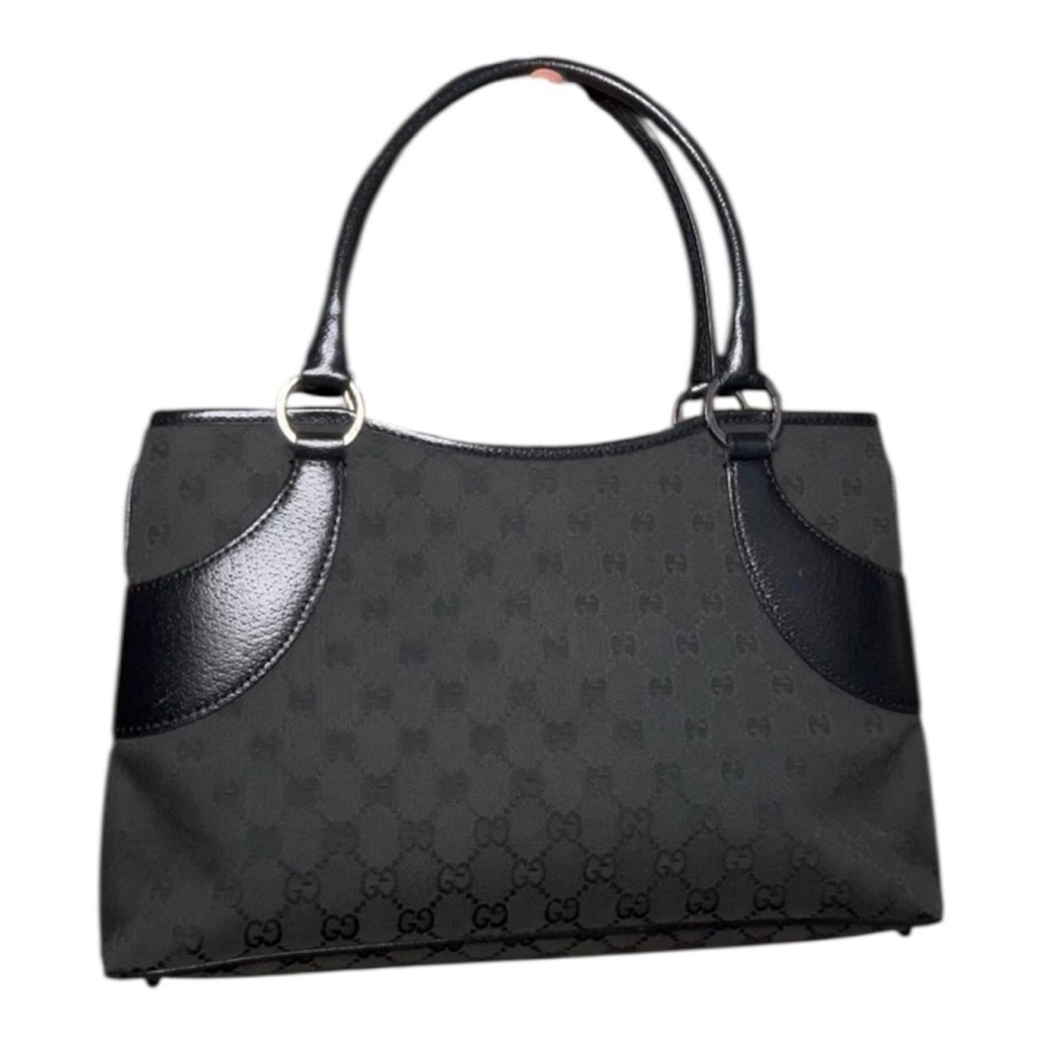 Gucci Black GG Canvas Tote Bag With Leather Trim