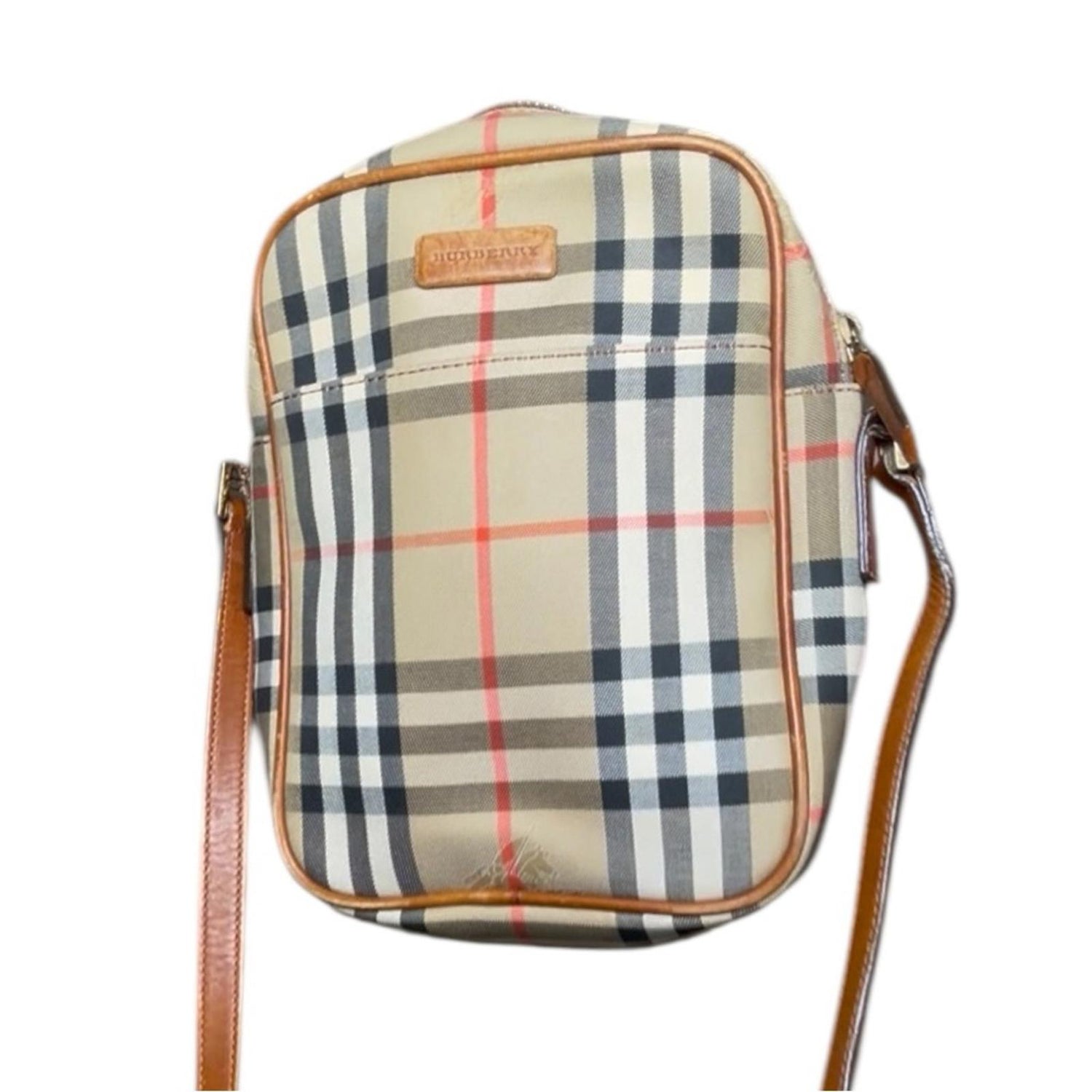 Burberry Vintage Check Small Crossbody Bag Tan Leather Trim