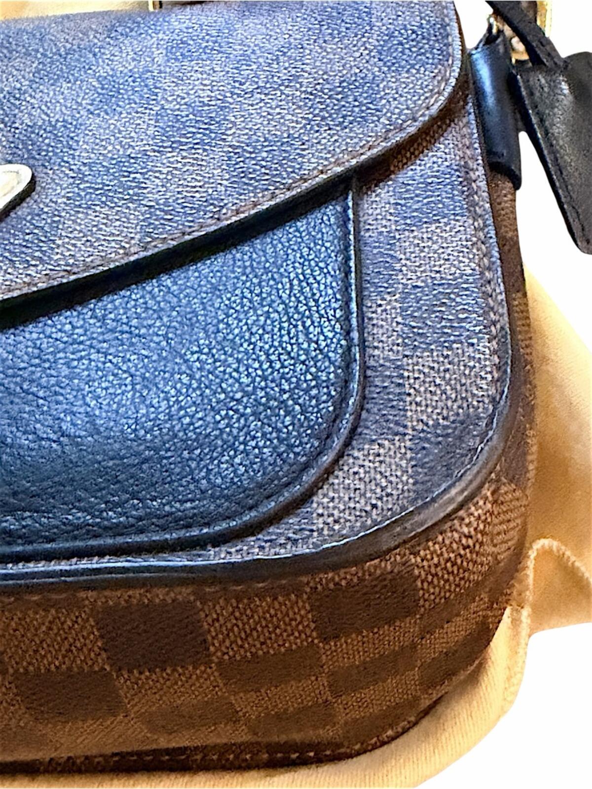 Louis Vuitton Brown Damier Ebene Satchel with Black Front Panel and Tan Handle