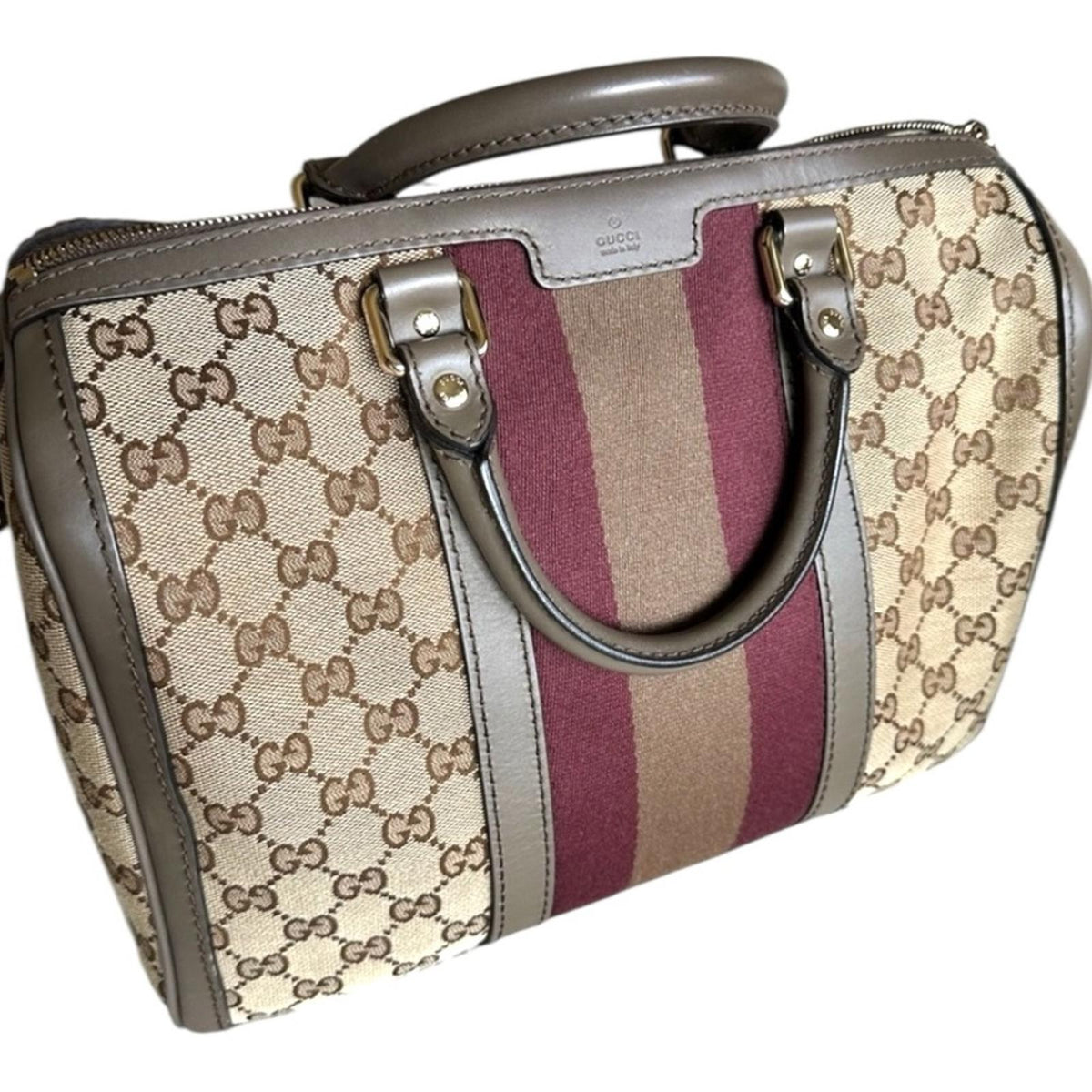 Gucci GG Supreme Canvas Web Stripe Boston Bag Brown Burgundy Crossbody