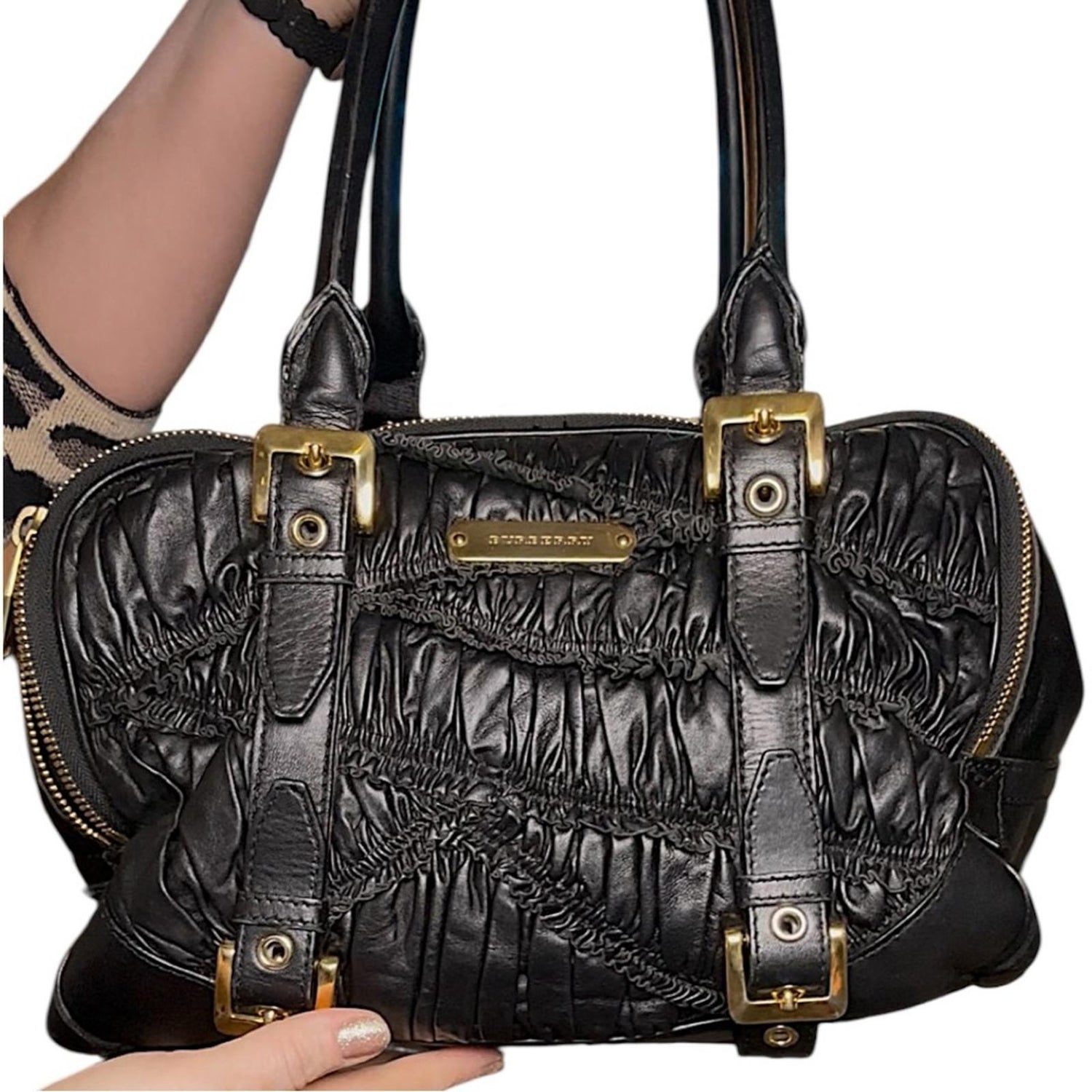 Burberry Black Leather Satchel with Gold Buckles
