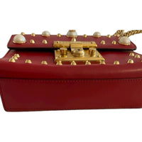 Gucci Padlock Studded Leather Shoulder Bag Red with Faux Pearls