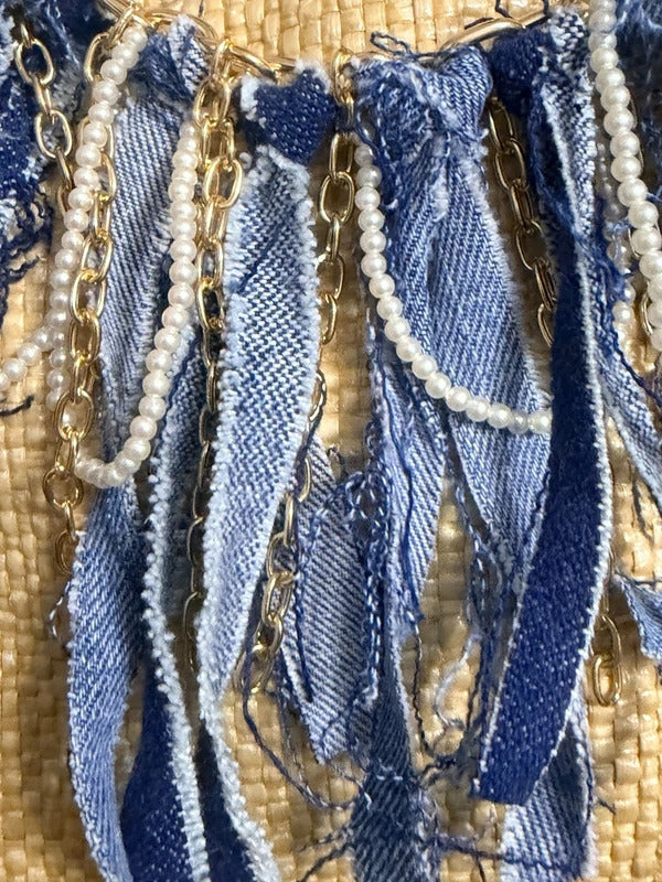 Boho Denim Purse Chain Charm Gold Pearl Fringe