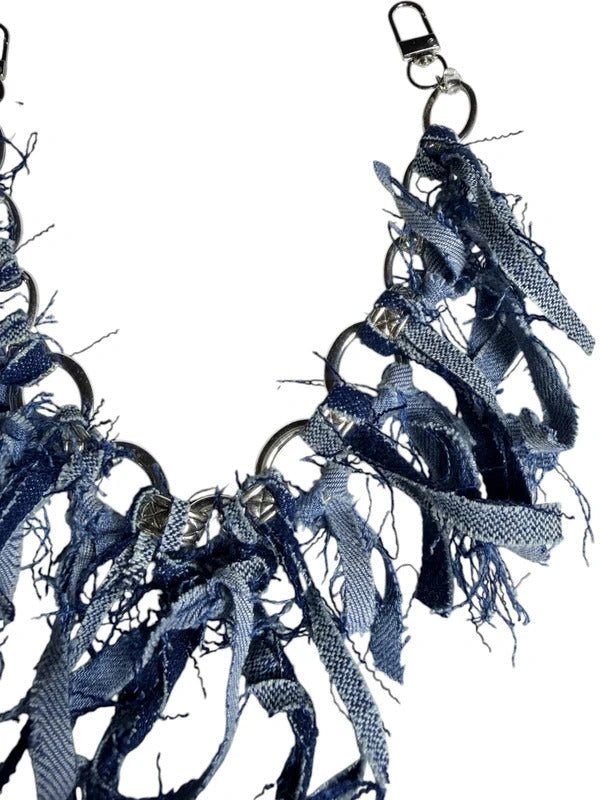 Boho Denim Bag Chain Charm Blue denim Fringe Purse Accessory 13”