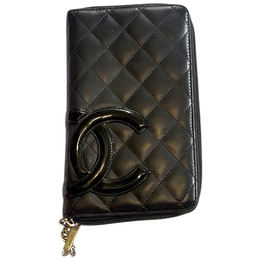 CHANEL Cambon Ligne Zip Wallet Organizer Black Quilted Leather Hot Pink