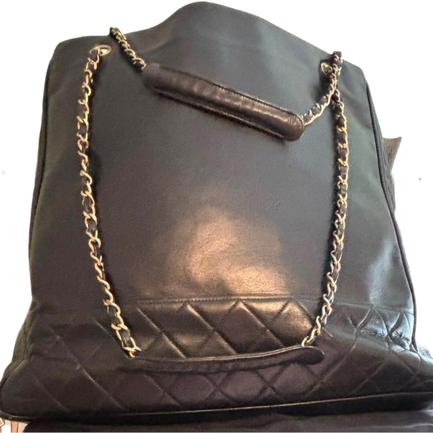 CHANEL Black Leather Tote with Gold Chain