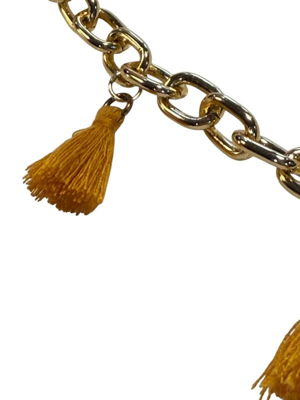 Boho Handbag Purse Charm Chain Mustard Yellow Tassels Tortoise Shell Pendant