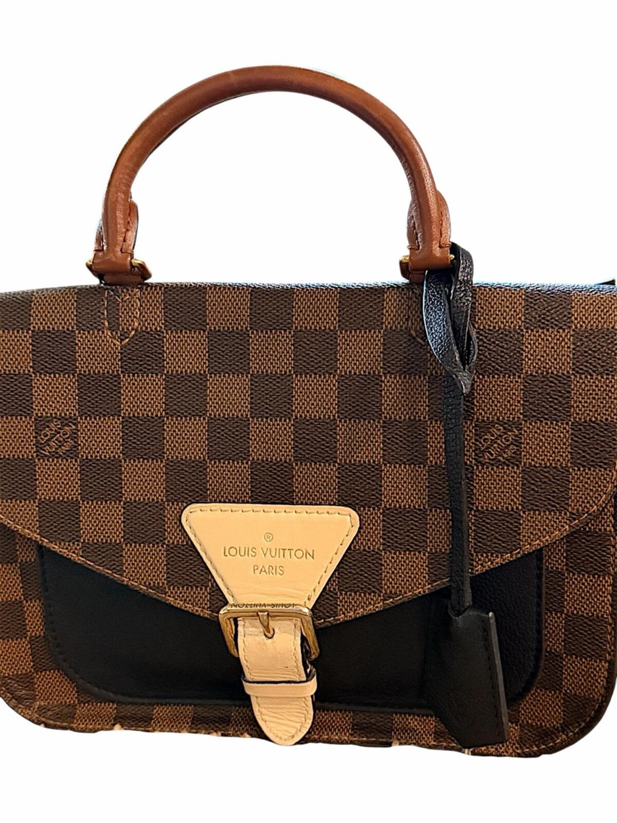 Louis Vuitton Brown Damier Ebene Satchel with Black Front Panel and Tan Handle