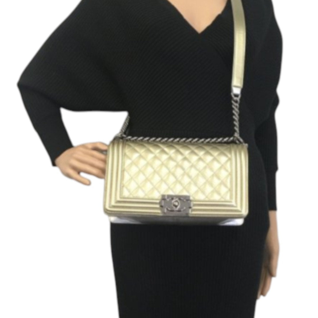 CHANEL Metallic Gold Quilted Boy Bag Crossbody with COA
