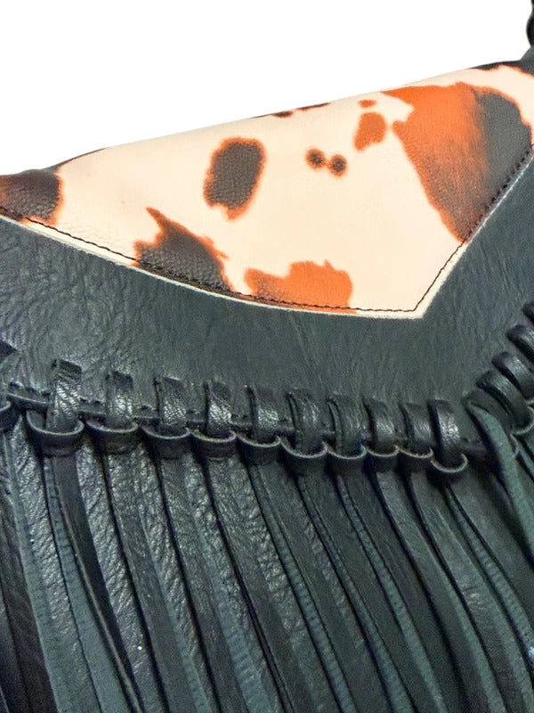 Western Cow Print Fringe Crossbody Bag Black Orange Brown Boho