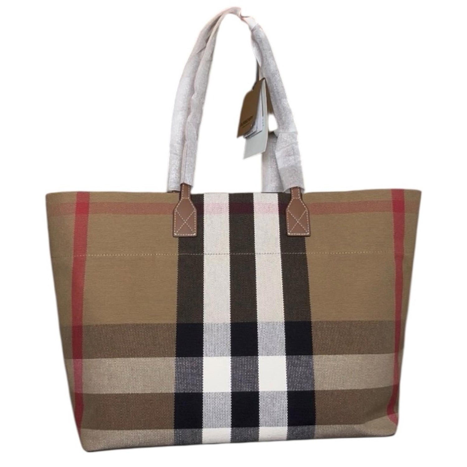 Burberry Medium London Tote Check Canvas Taupe Brown
