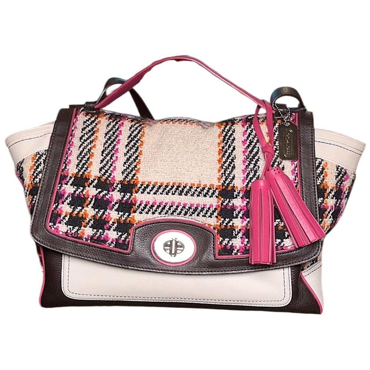 Coach Tweed Plaid Leather Turnlock Satchel Pink Black Cream Shoulder Bag
