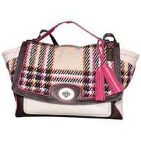 Coach Tweed Plaid Leather Turnlock Satchel Pink Black Cream Shoulder Bag
