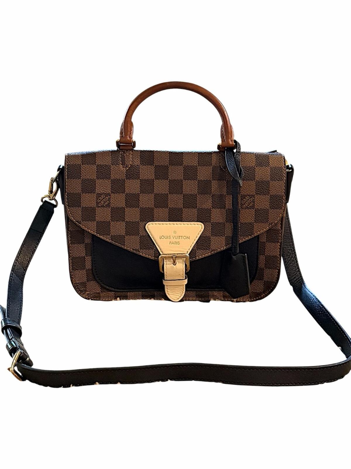 Louis Vuitton Brown Damier Ebene Satchel with Black Front Panel and Tan Handle