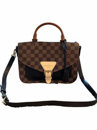 Louis Vuitton Brown Damier Ebene Satchel with Black Front Panel and Tan Handle
