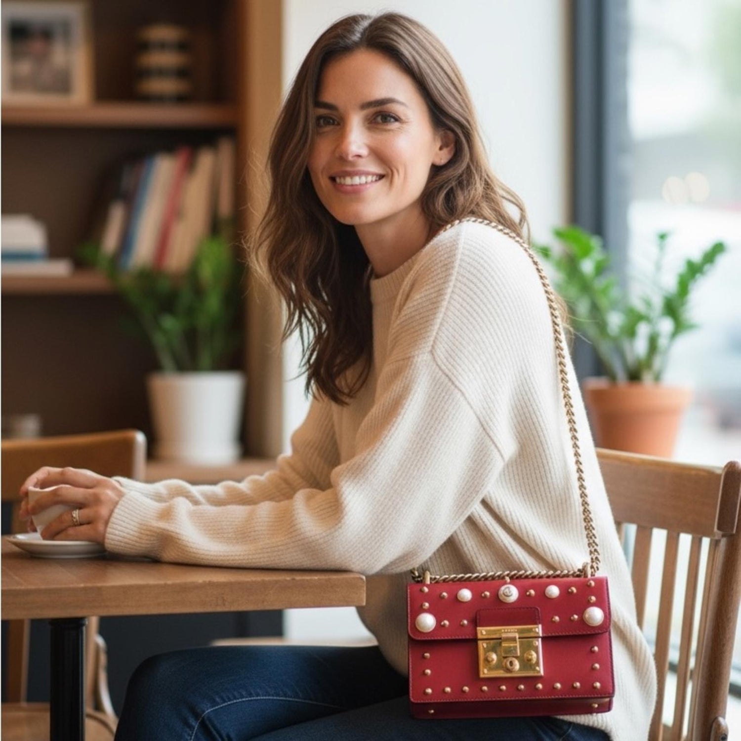 Gucci Padlock Studded Leather Shoulder Bag Red with Faux Pearls