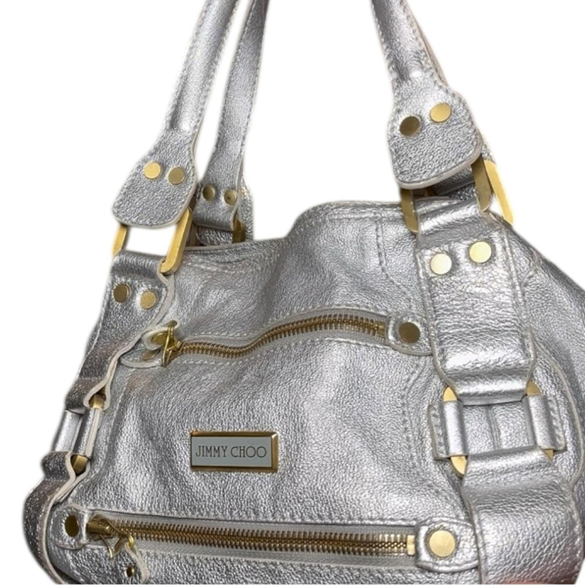 Jimmy Choo Mahala Tote Metallic Silver Leather Gold Hardware