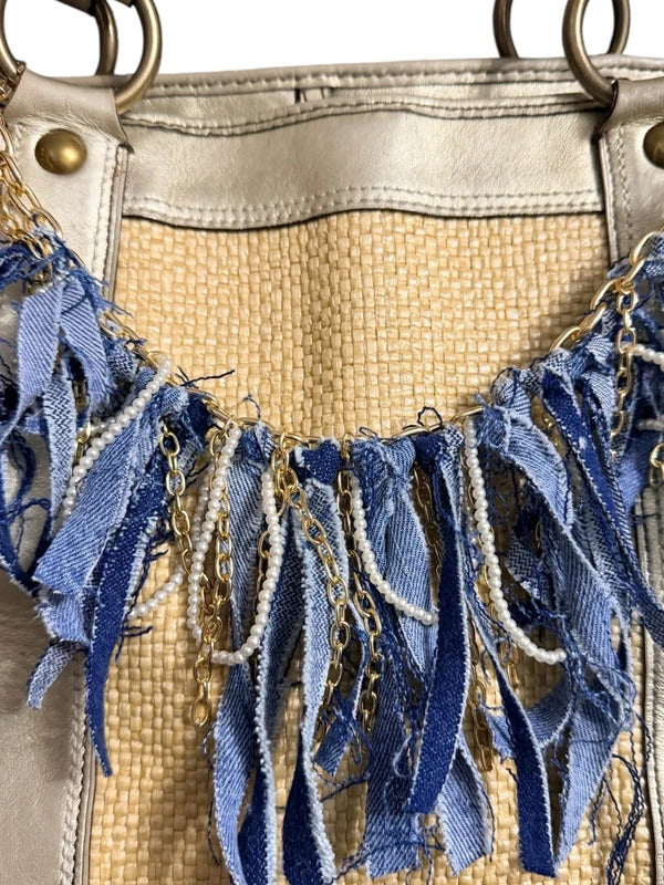 Boho Denim Purse Chain Charm Gold Pearl Fringe