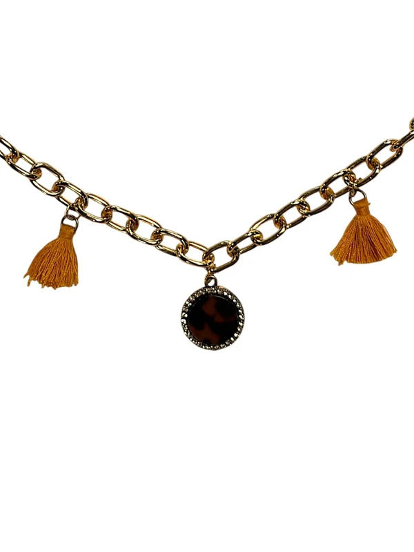 Boho Handbag Purse Charm Chain Mustard Yellow Tassels Tortoise Shell Pendant
