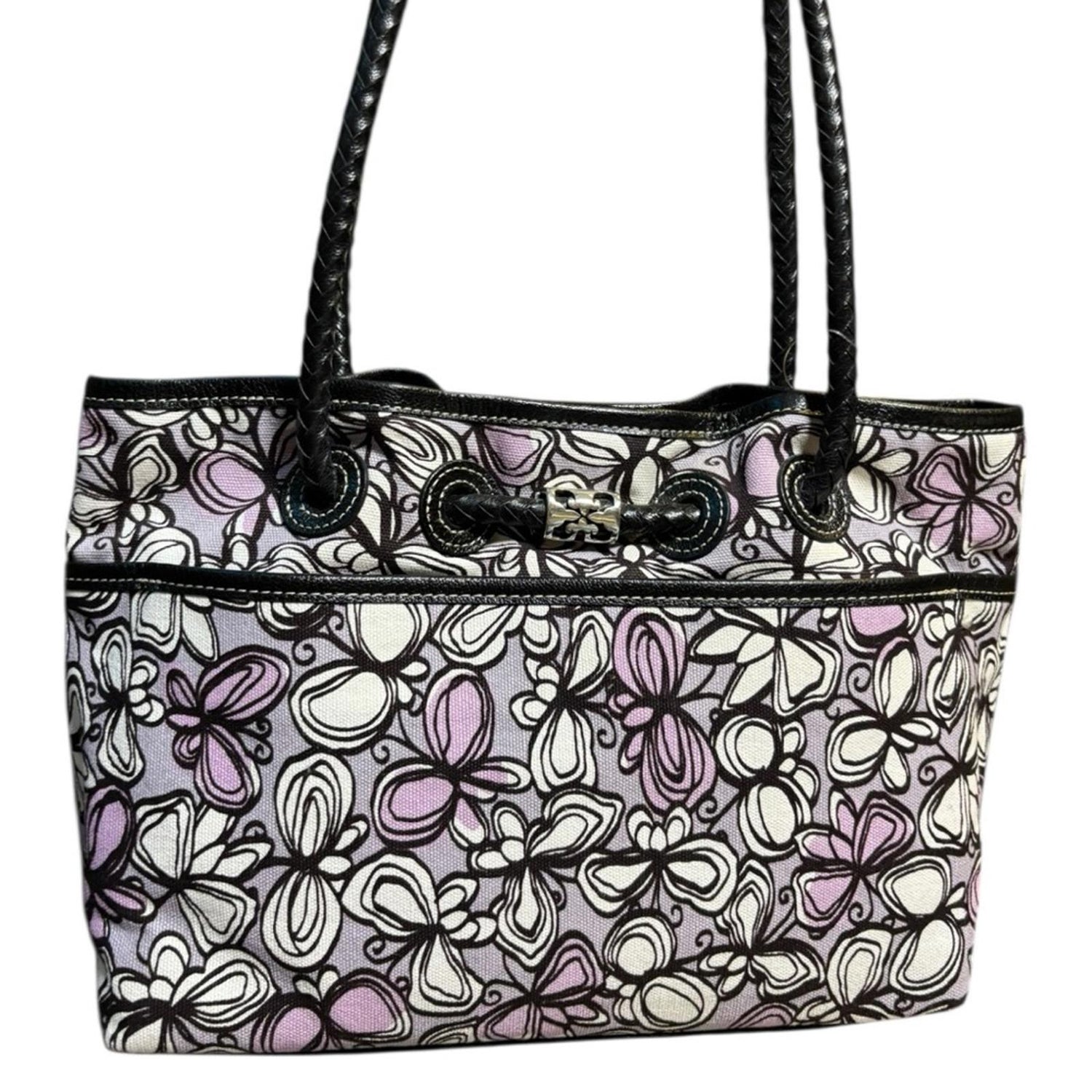Brighton Floral Canvas Leather Shoulder Tote Bag Purple Black Silver Charm
