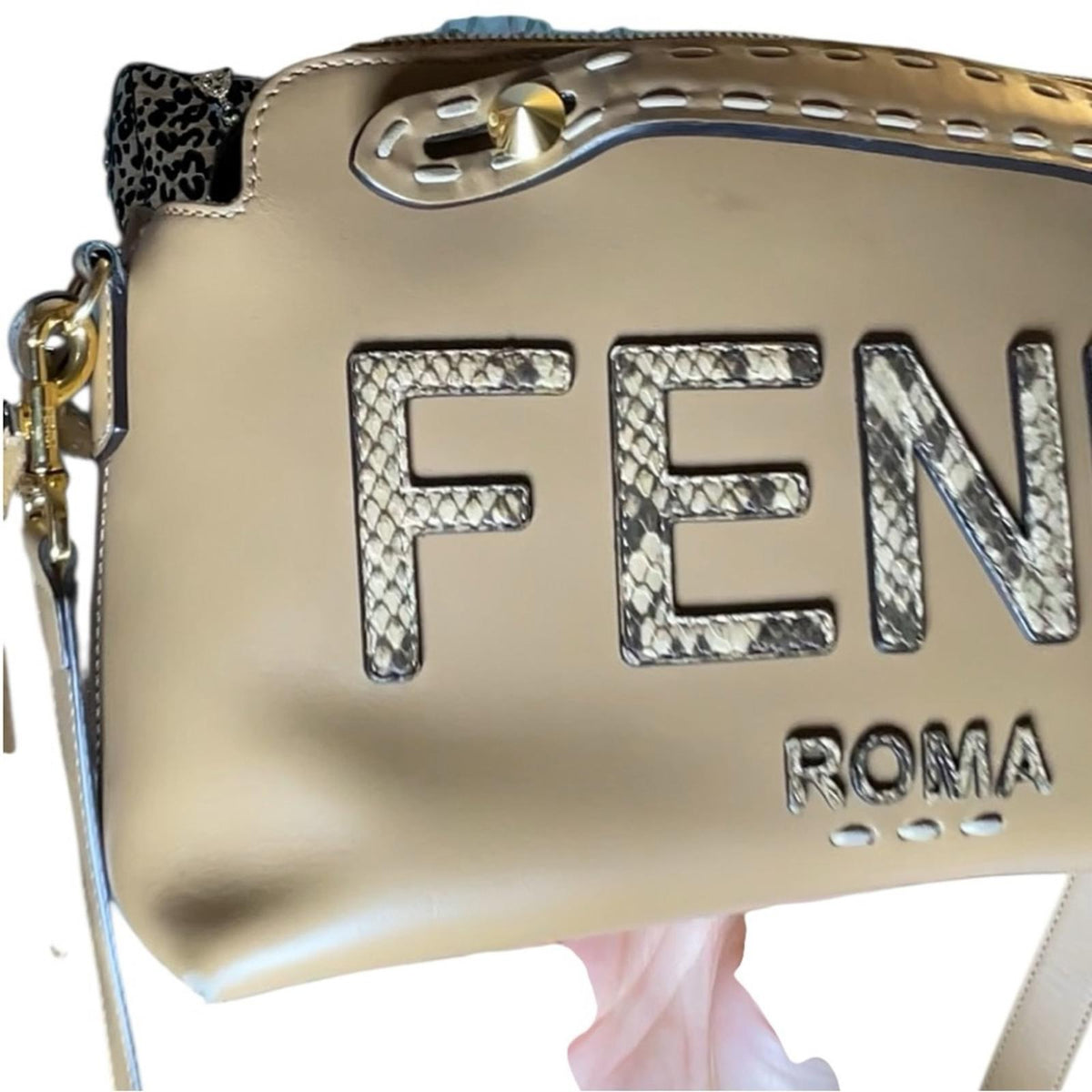 Fendi By The Way Medium Logo Python-Trim Leather Satchel Tan