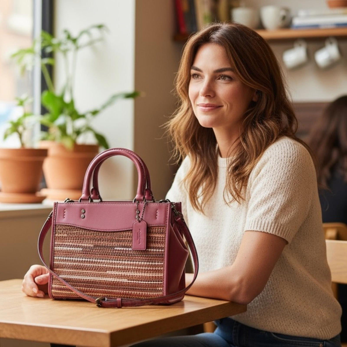 Coach Rogue 25 Mixed Weave Leather Top Handle Shoulder Bag Burgundy Multi