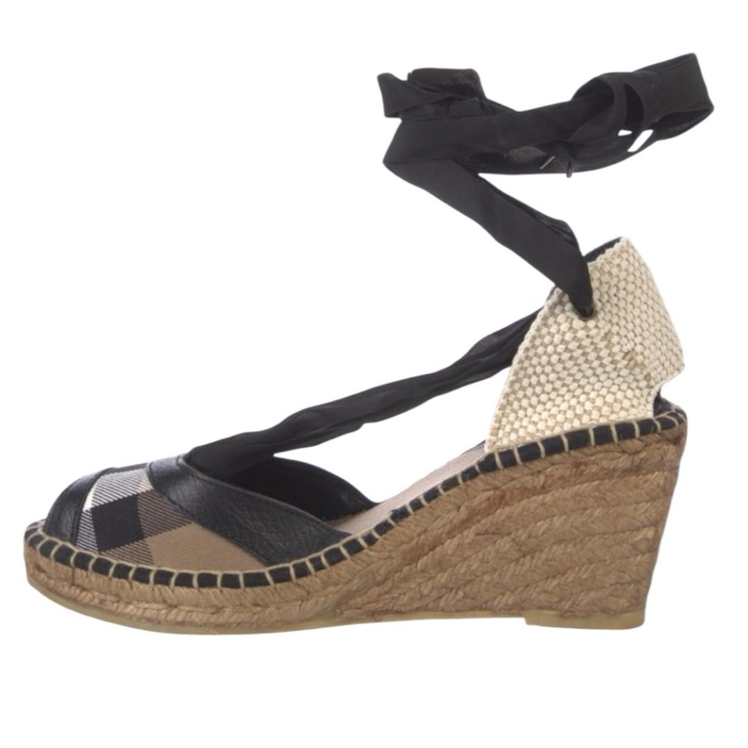 Burberry Canvas Check Espadrille Wedge Slingback Pumps Peep Toe Size 39 US 9