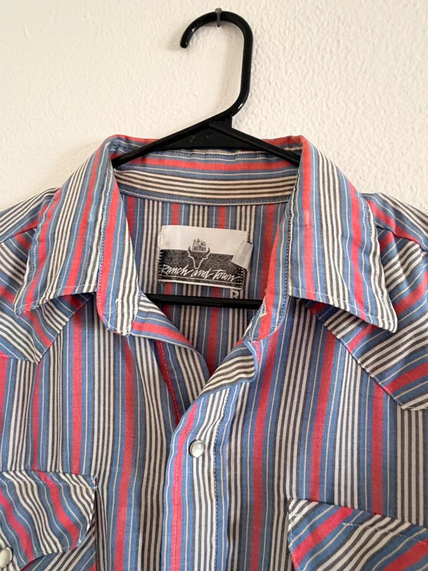 Vintage Ranch & Town Western Pearl Snap Shirt Red Blue Men’s Large Sku1058