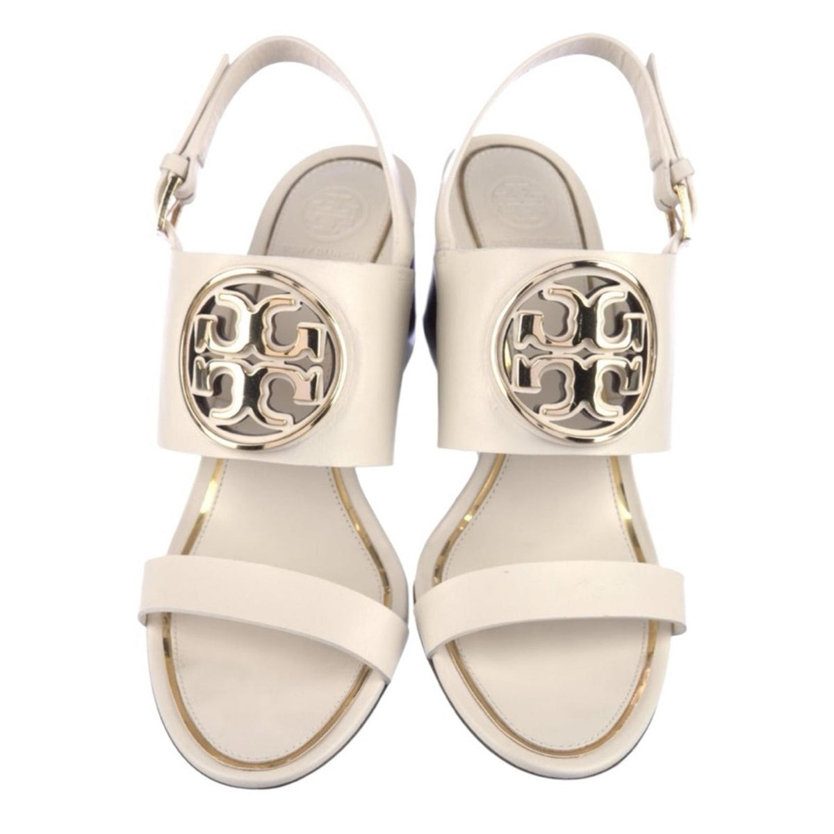 Tory Burch White Leather Slingback Wedge Sandals Size 9 Logo Buckle