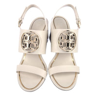 Tory Burch White Leather Slingback Wedge Sandals Size 9 Logo Buckle