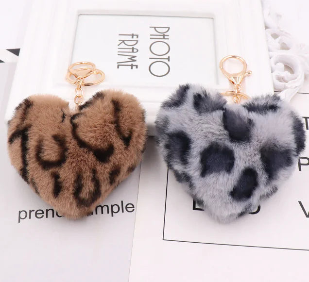 Leopard Print Plush Heart Keychain